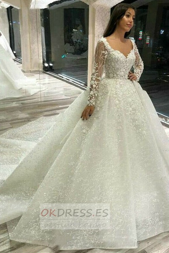 Vestido de novia Otoño Rosetón Acentuado Corte-A Escote en V largo Apliques 3
