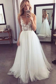 Vestido de novia Otoño Escote en V tul Corte-A Triángulo Invertido Natural