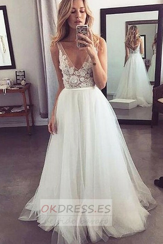 Vestido de novia Otoño Escote en V tul Corte-A Triángulo Invertido Natural 1