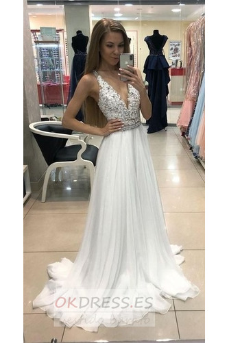 Vestido de novia Playa Corpiño Acentuado con Perla Cremallera Baja escote en V 2