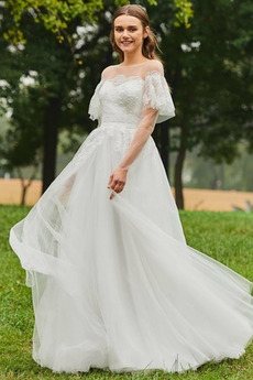 Vestido de novia Playa Corte-A Encaje Barco Natural Escalonado