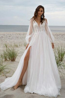Vestido de novia Playa Falta Frontal Dividida Elegante Baja escote en V
