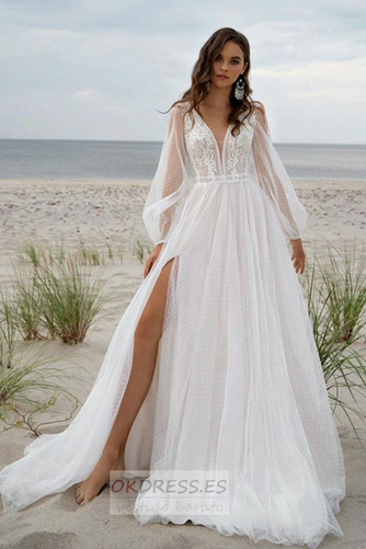 Vestido de novia Playa Falta Frontal Dividida Elegante Baja escote en V 1