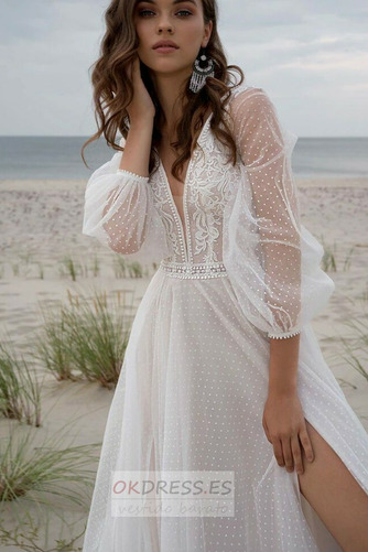 Vestido de novia Playa Falta Frontal Dividida Elegante Baja escote en V 3