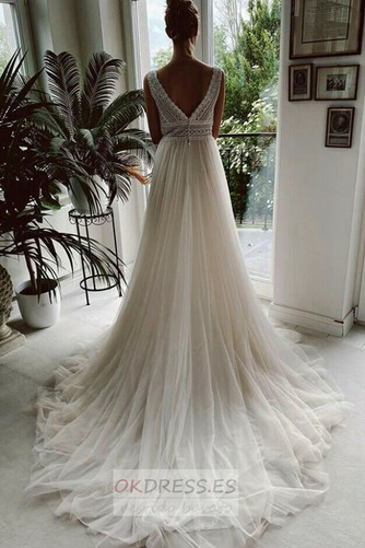 Vestido de novia Playa Romántico Cremallera Natural Drapeado Escote en V 2
