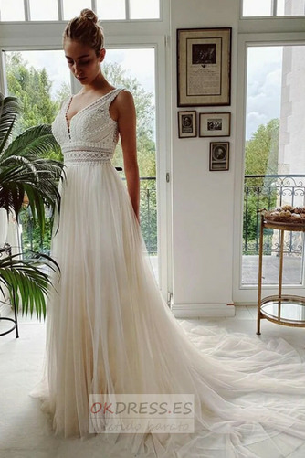 Vestido de novia Playa Romántico Cremallera Natural Drapeado Escote en V 1