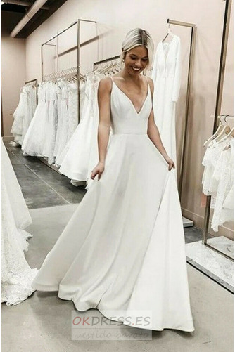 Vestido de novia primavera Satén Baja escote en V Sin mangas Hasta el suelo 1