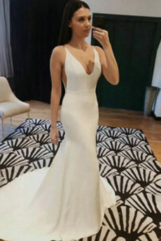 Vestido de novia Satén Escote en V Espalda Descubierta Sencillo Fuera de casa