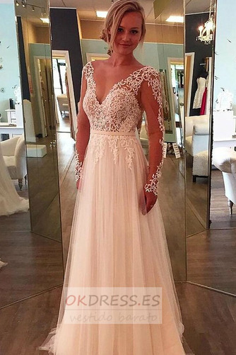 Vestido de novia tul Elegante Escote en V Cremallera Mangas Illusion 1