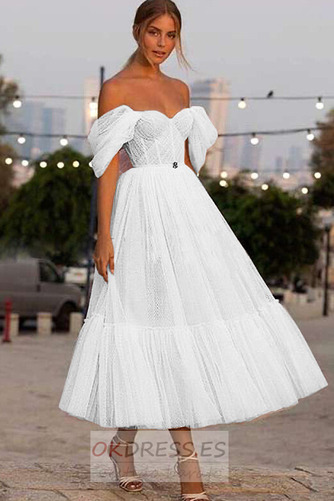 Vestido de novia tul Natural Oscilación Moderno Sin mangas Hasta la Tibia 1