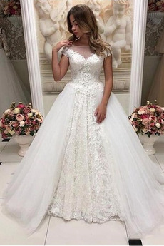 Vestido de novia vendimia Capa de encaje Falta Barco Pura espalda Manga corta