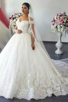 Vestido de novia Verano Cordón Corte-A Apliques Capa de encaje Manga tapada