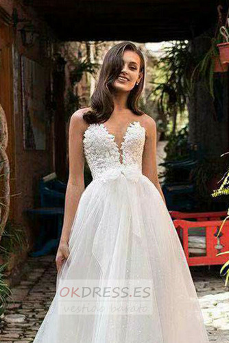 Vestido de novia Verano tul Baja escote en V Apliques Corte-A largo 4